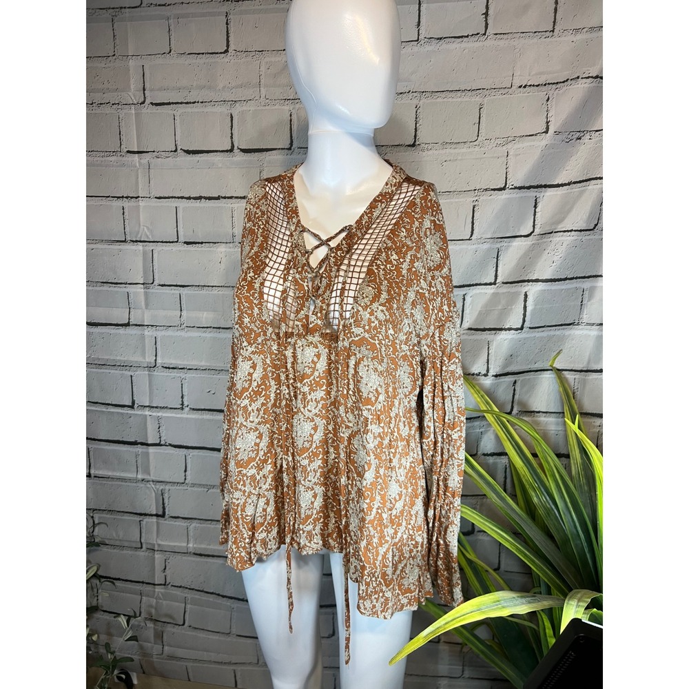 Gilded Intent Paisley Lace Up Crochet Boho Blouse Rust Orange Small